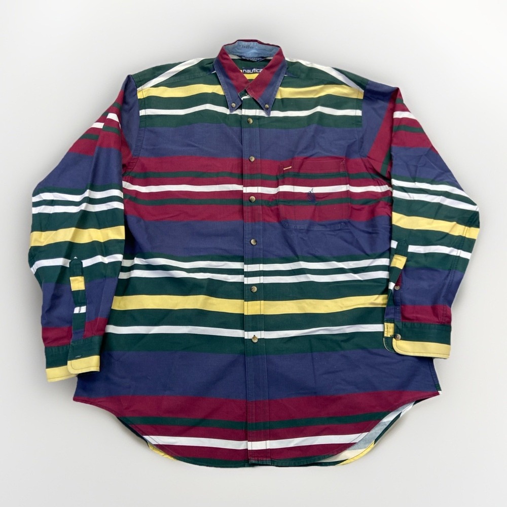 Vintage Nautica Men's L Colorblock Striped Long Sleeve Button Down 90s Preppy